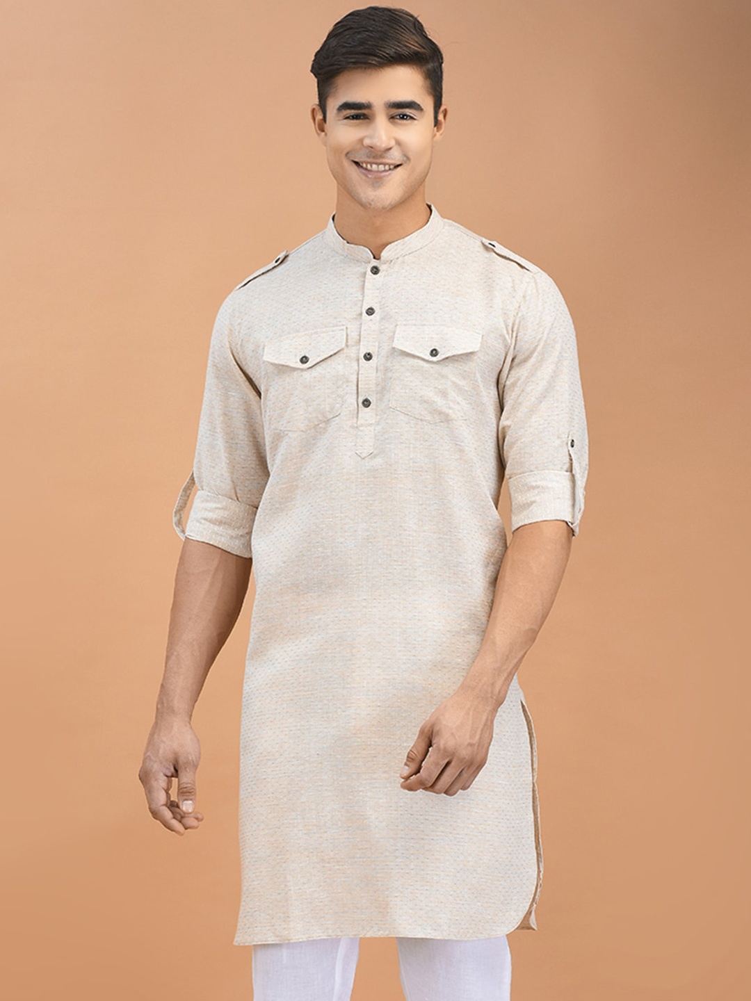 

DEYANN Men Jacquard Pathani Kurta, Cream