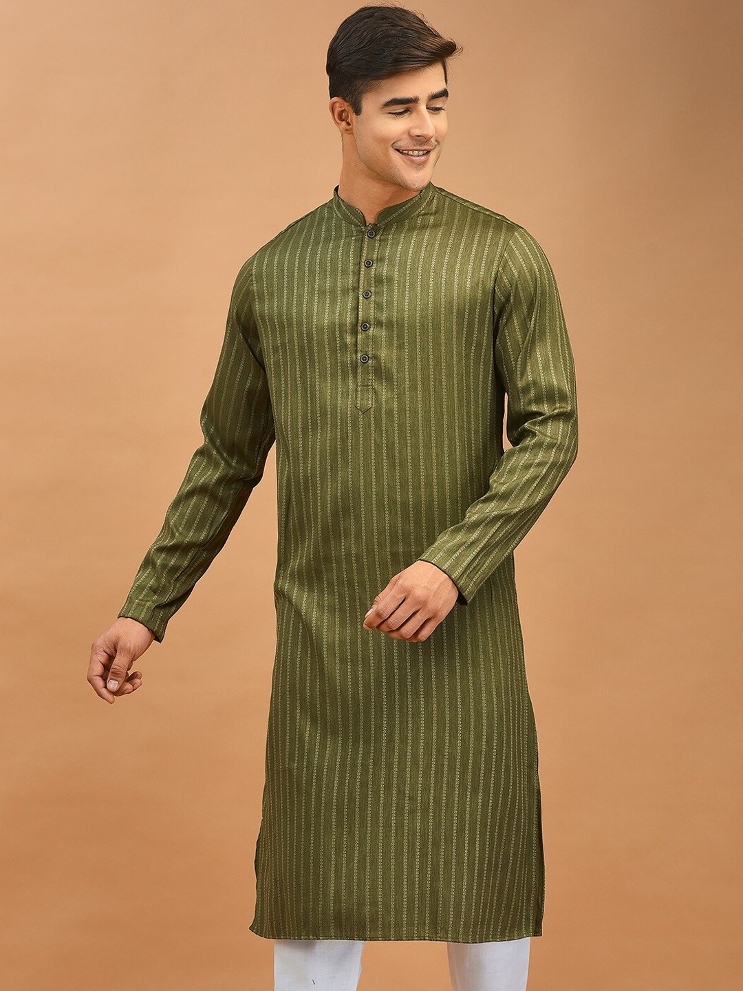 

DEYANN Ethnic Motifs Woven Design Mandarin Collar Jacquard Kurta, Green