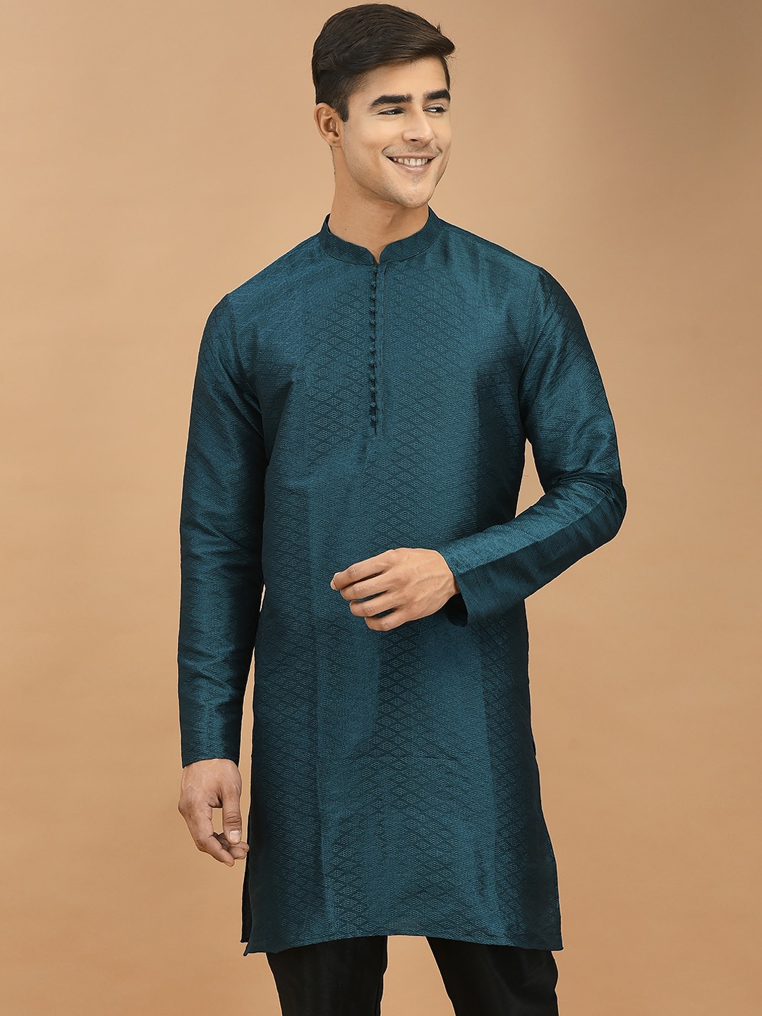 

DEYANN Ethnic Motifs Woven Design Mandarin Collar Straight Jacquard Silk Kurta, Green