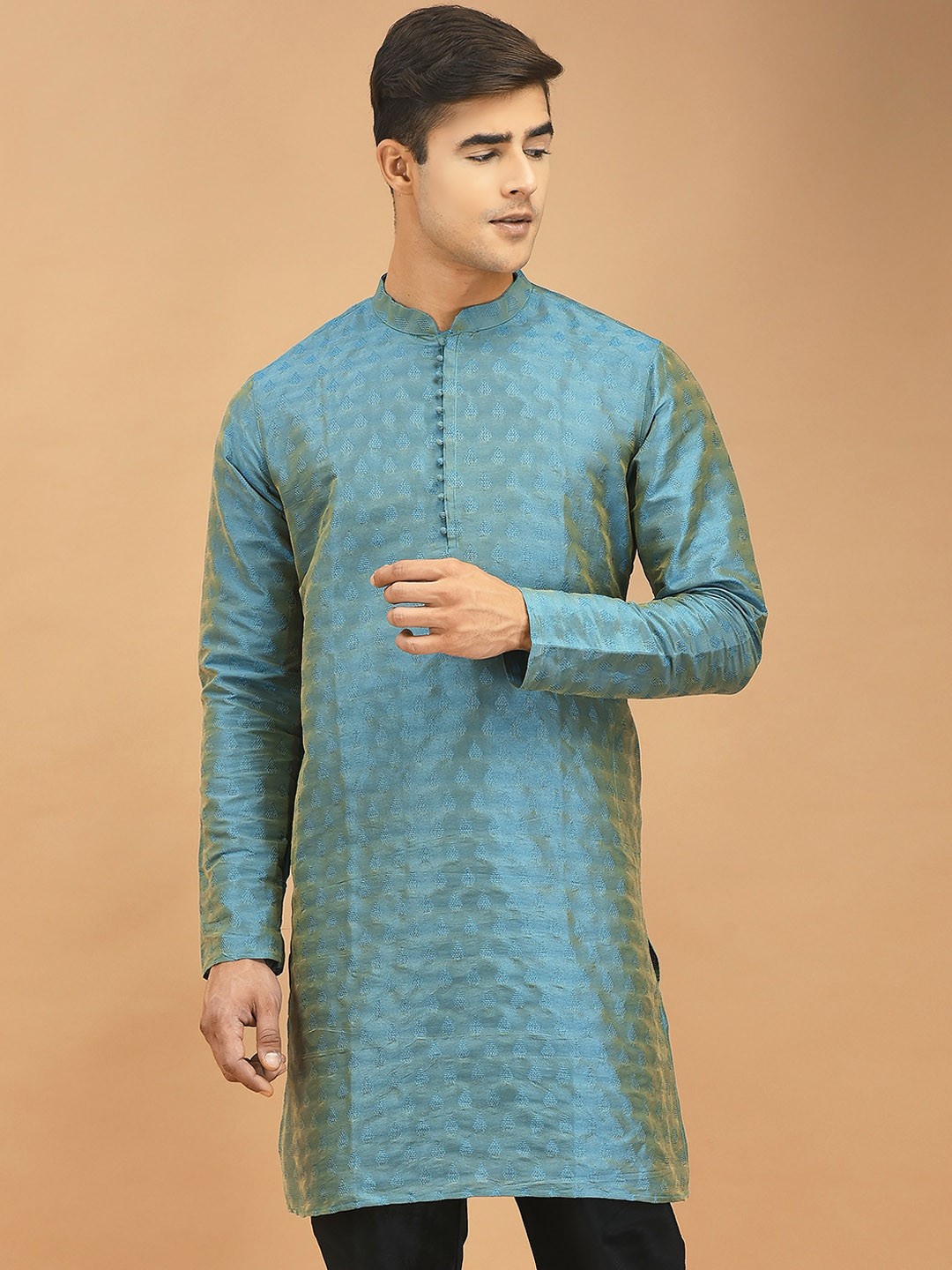 

DEYANN Mandarin Collar Woven Design Jacquard Kurta, Blue