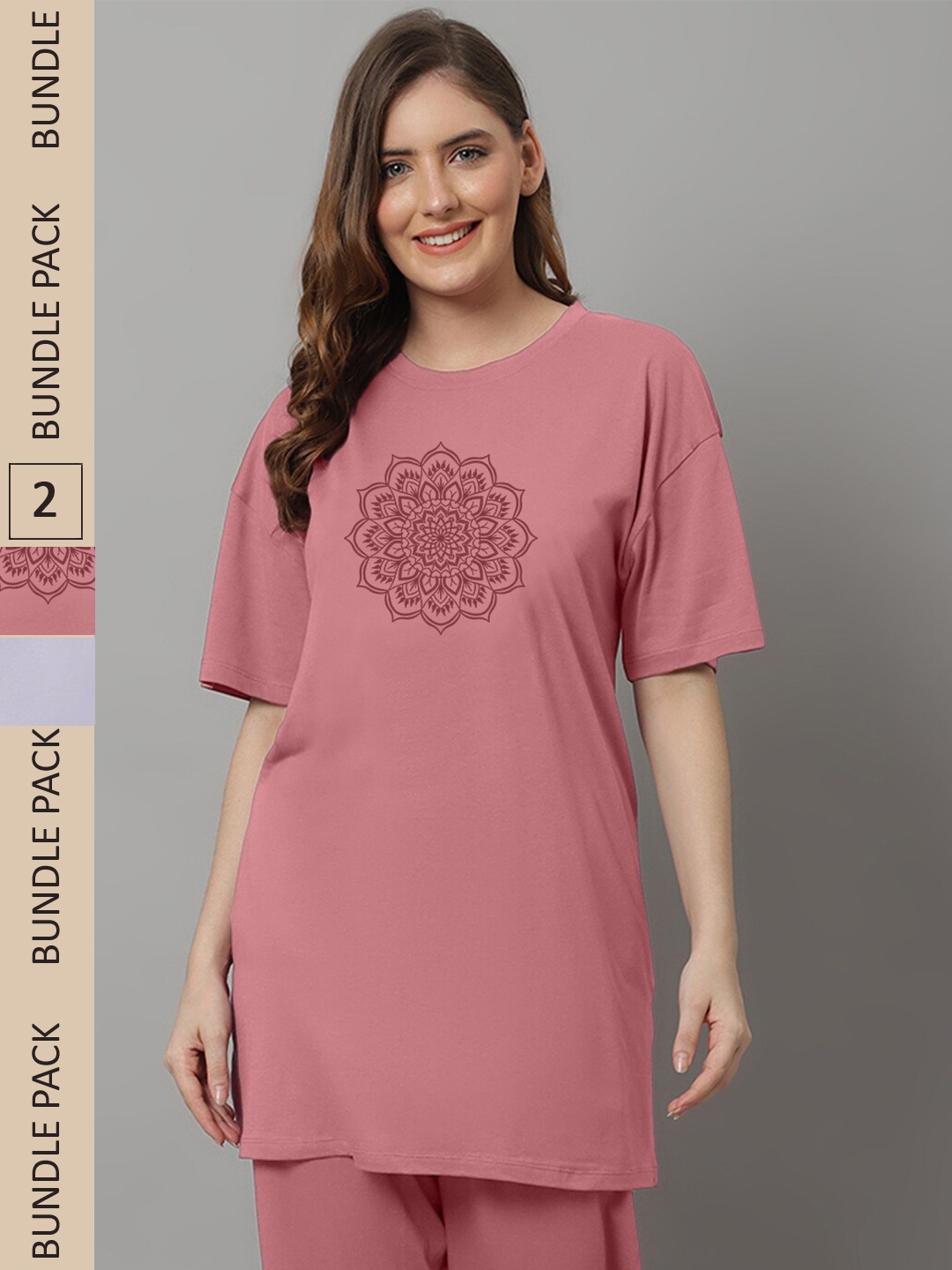 

Kanvin Pink & Lavendwer Pack Of 2 Floral Printed Oversized Longline T-shirt