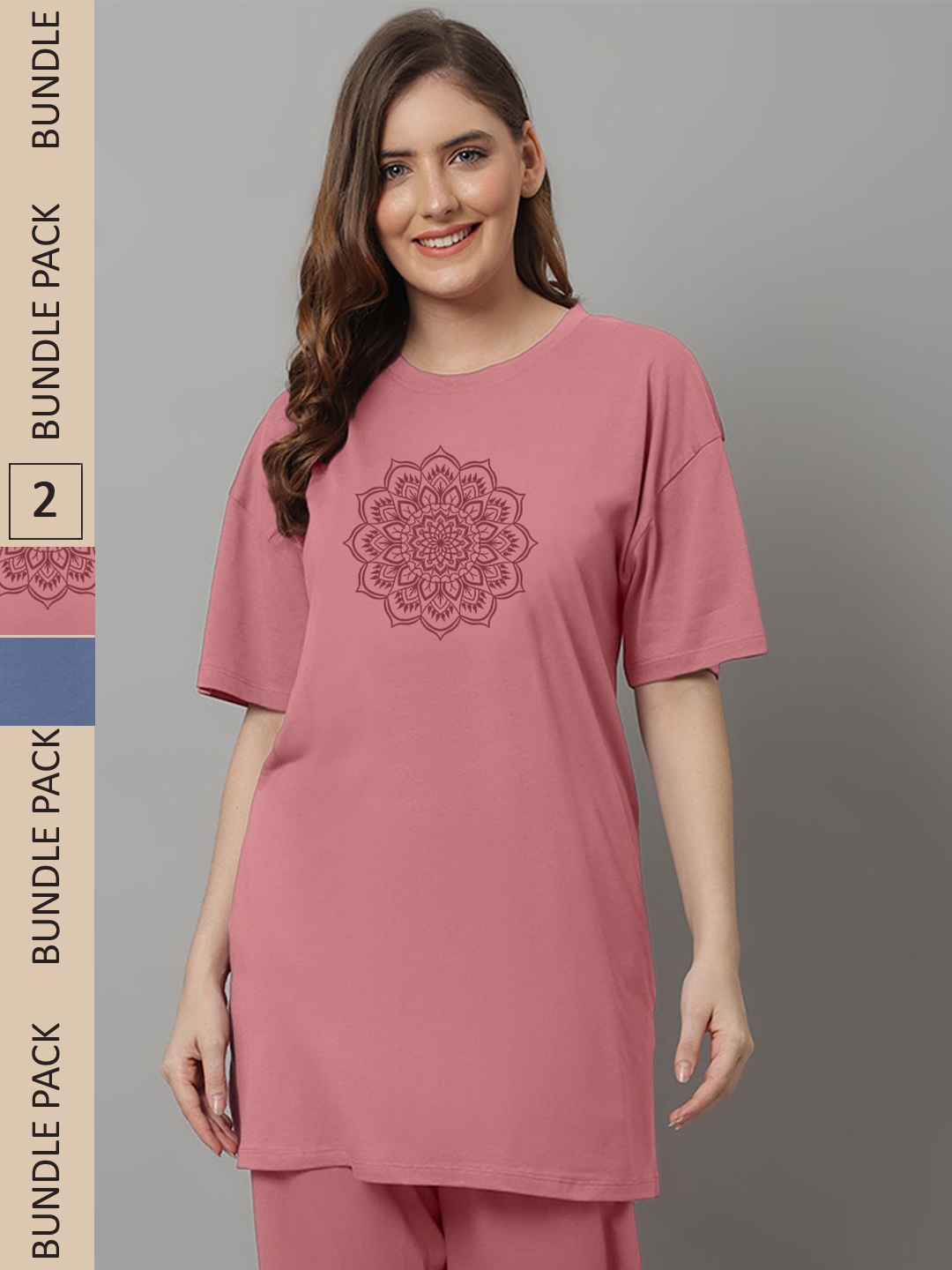 

Kanvin Pink Pack Of 2 Printed Longline Oversized T-shirt