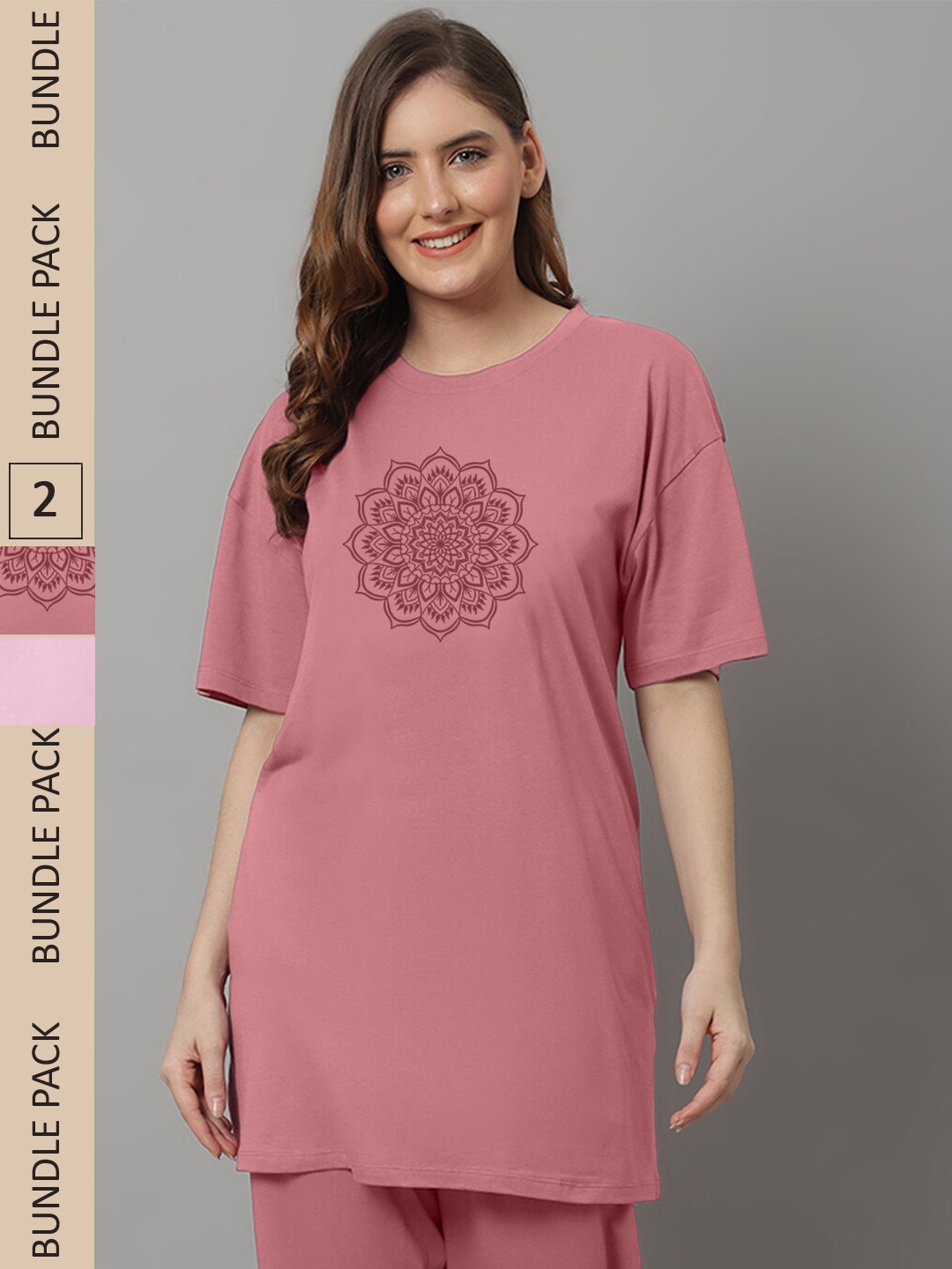 

Kanvin Pink Pack Of 2 Floral Printed Oversized Longline T-shirt