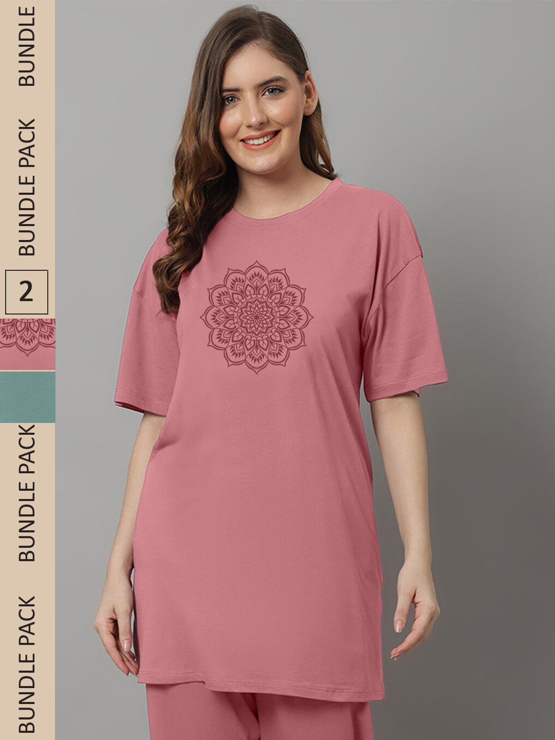 

Kanvin Green & Pink Pack of 2 Printed Regular Longline T-shirt