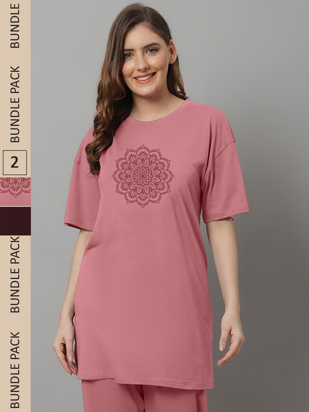 

Kanvin Pink & Brown Pack Of 2 Printed Oversized Fit Longline T-shirts
