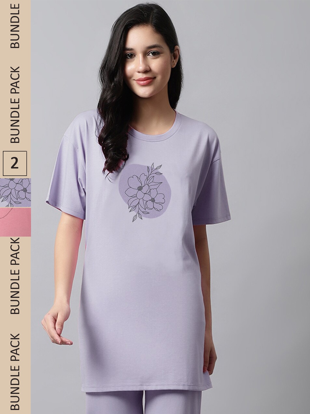 

Kanvin Pack of 2 Pink & Lavender Floral Printed Oversized Longline T-shirt