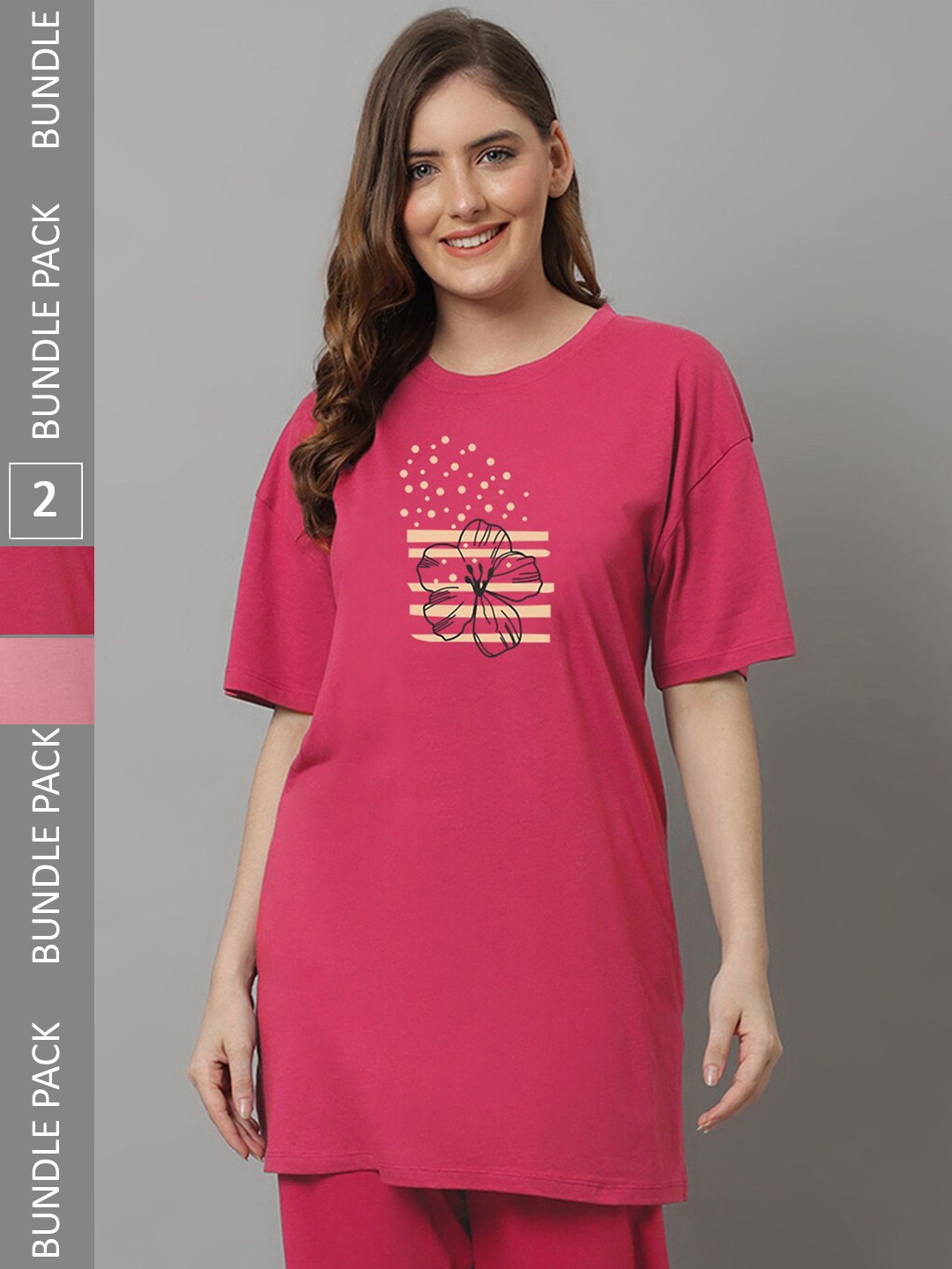 

Kanvin Pack of 2 Graphic Oversized Model Longline T-shirt, Pink