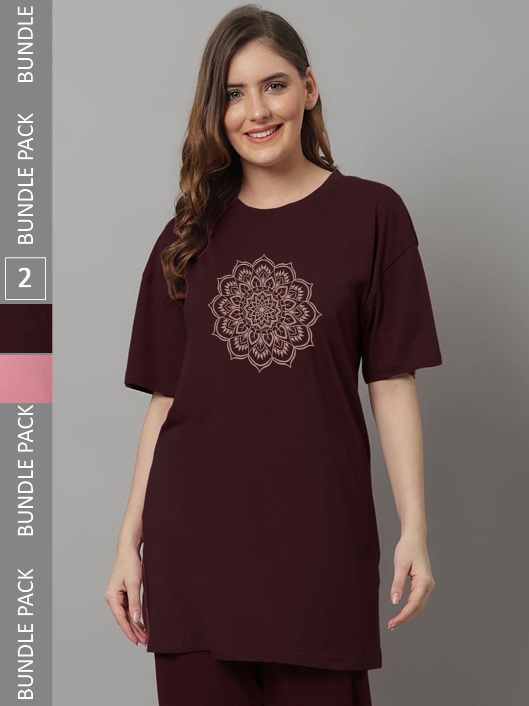 

Kanvin Pack Of 2 Printed Drop-Shoulder Sleeves Oversized Longline T-Shirts, Pink