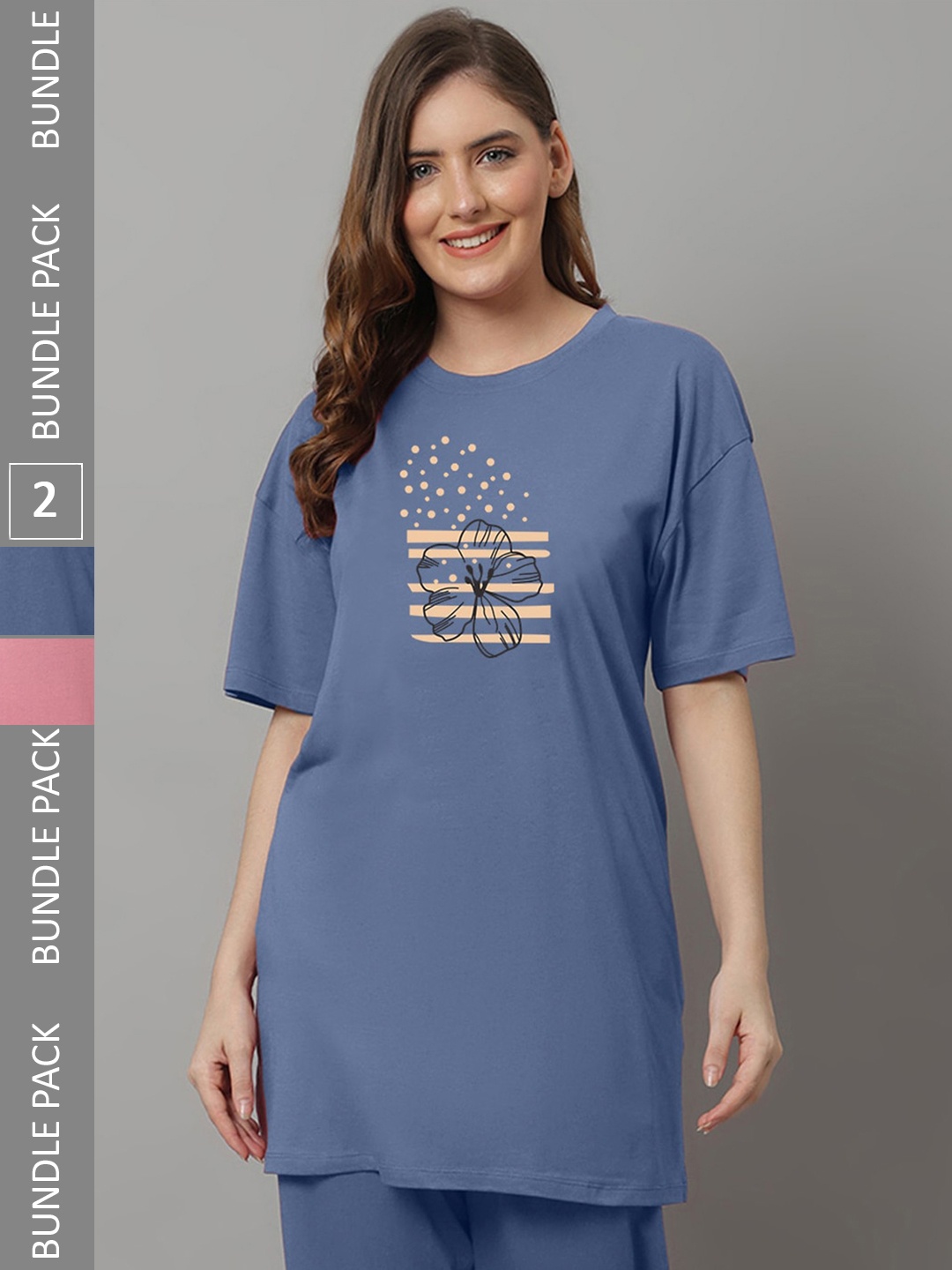 

Kanvin Pack Of 2 Pink & Blue Printed Oversized Fit Longline T-shirt