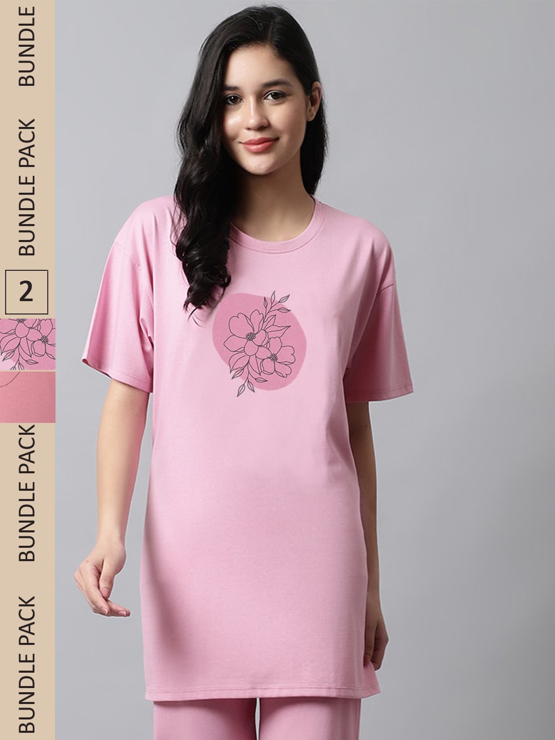 

Kanvin Pink Pack Of 2 Floral Printed Oversized Longline T-shirt