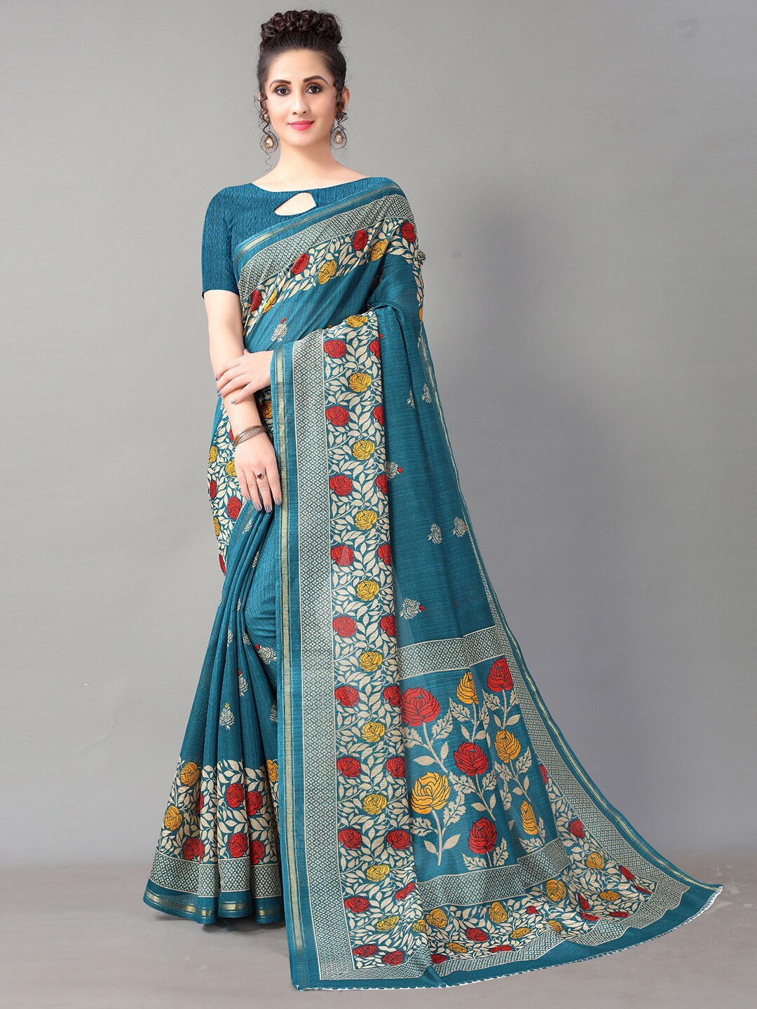 

Shaily Floral Printed Zari Saree, Teal