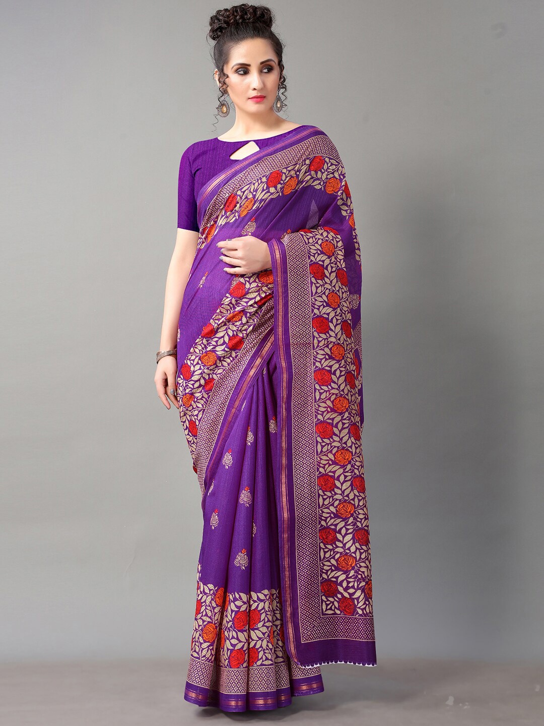 

Shaily Violet & Red Floral Printed Zari Saree