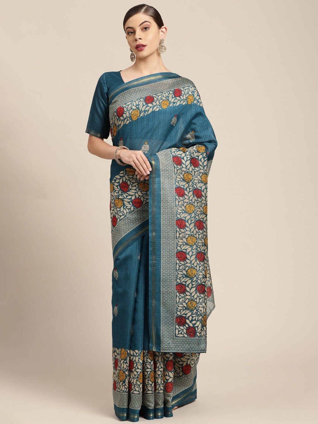 

Shaily Teal & Red Floral Printed Zari Saree