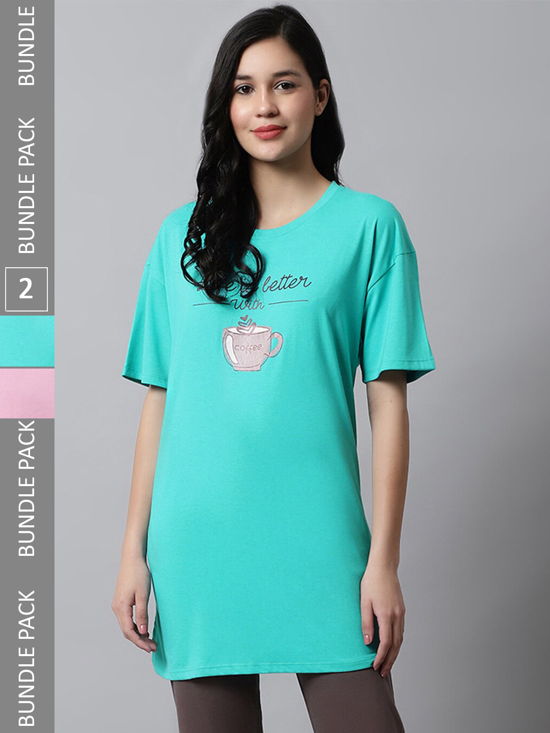 

Kanvin Green & Pink Pack Of 2 Typography Printed Oversized Longline T-shirt