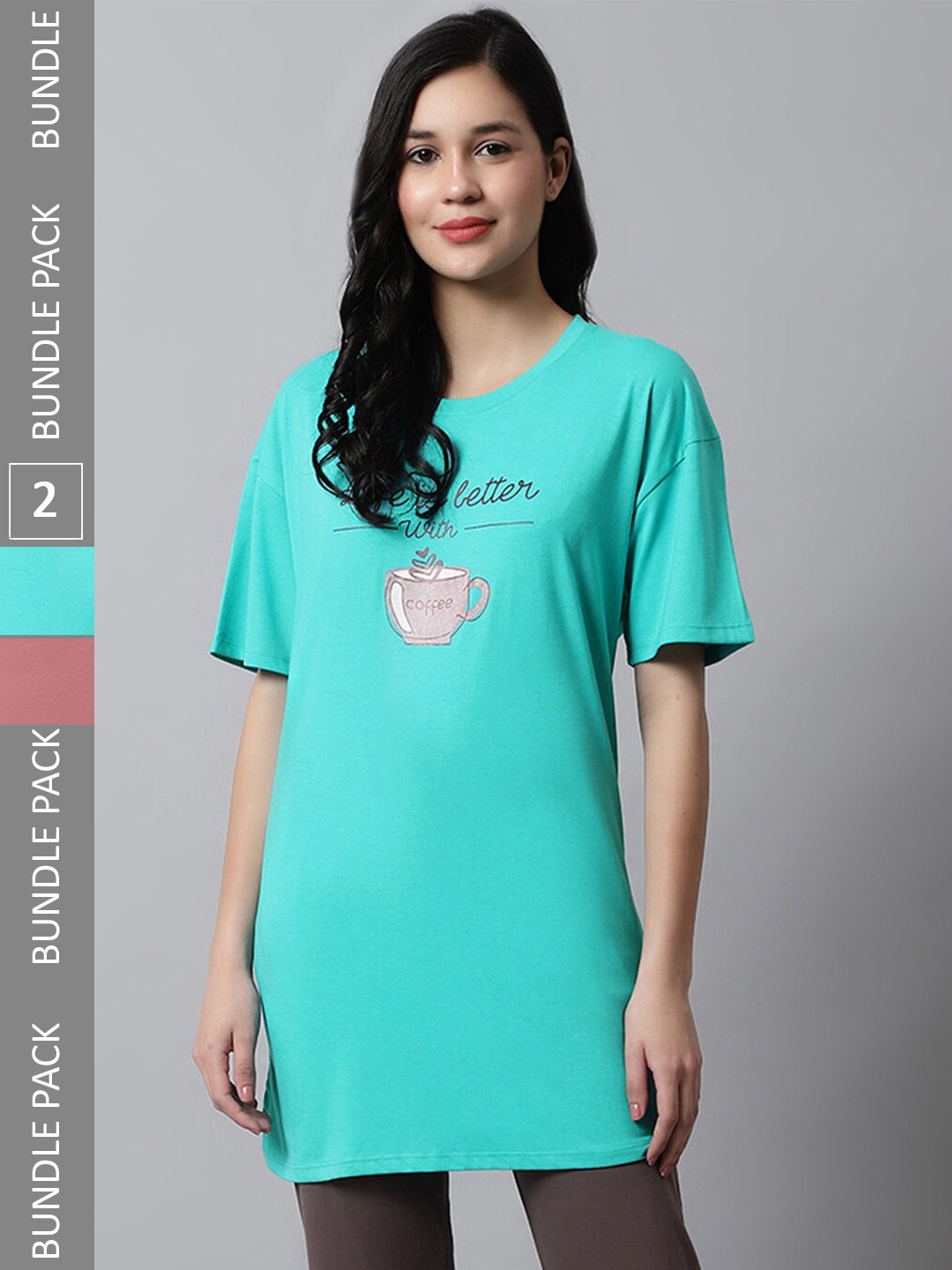 

Kanvin Pack Of 2 Blue & Mauve Floral Printed Oversized Longline T-shirt