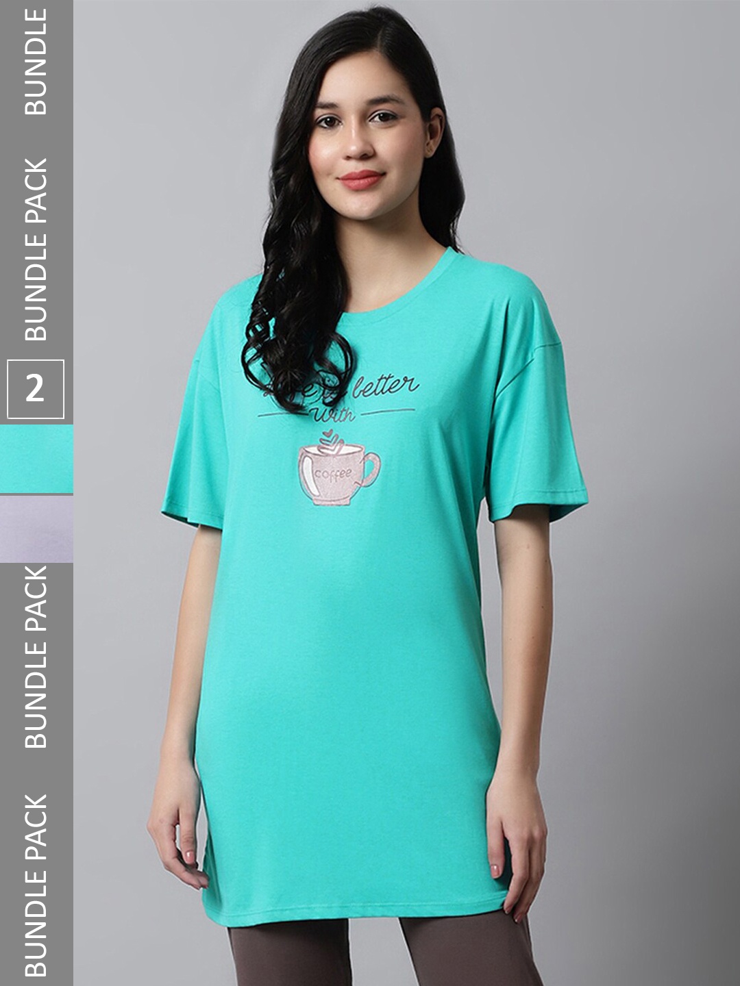 

Kanvin Green & Lavender Pack Of 2 Typography Printed Oversized Longline T-shirt