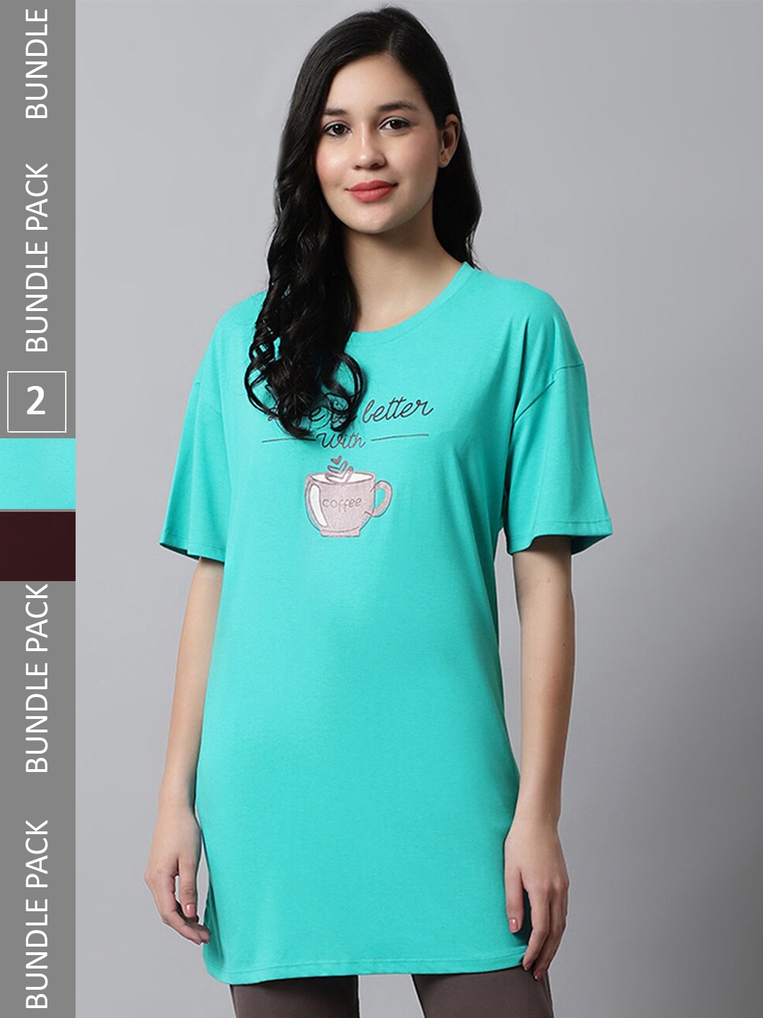 

Kanvin Green & Brown Pack Of 2 Typography Printed Oversized Longline T-shirt