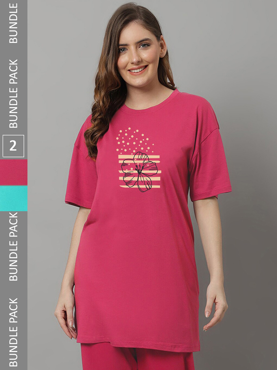 

Kanvin Pink & Green Pack Of 2 Typography Printed Oversized Longline T-shirt