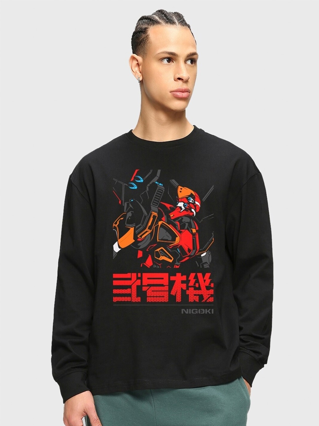 

Bewakoof Nigoki Gundam Graphic Printed Oversized T-shirt, Black