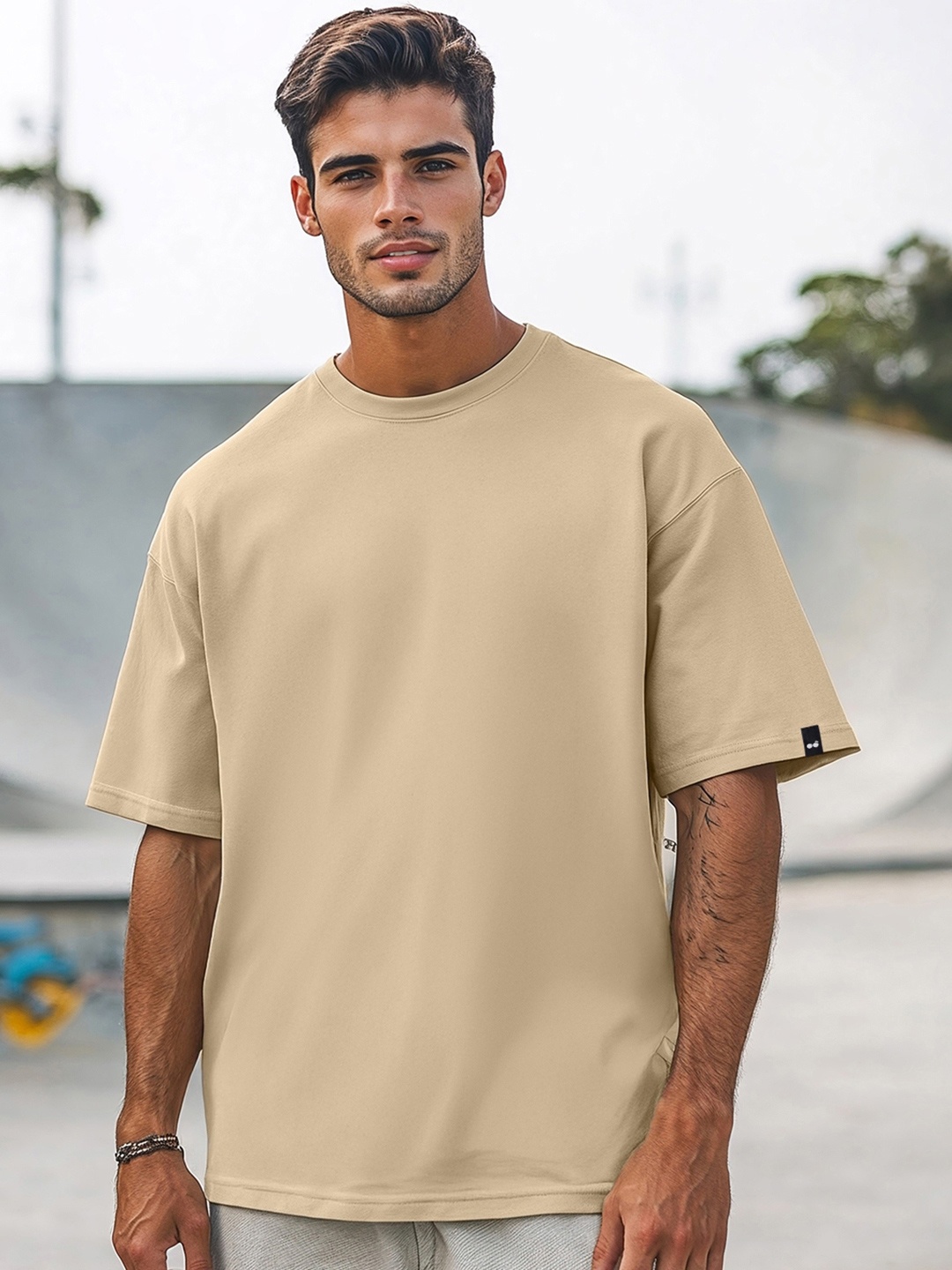 Bewakoof Cotton Round Neck Oversized T-shirt, Beige