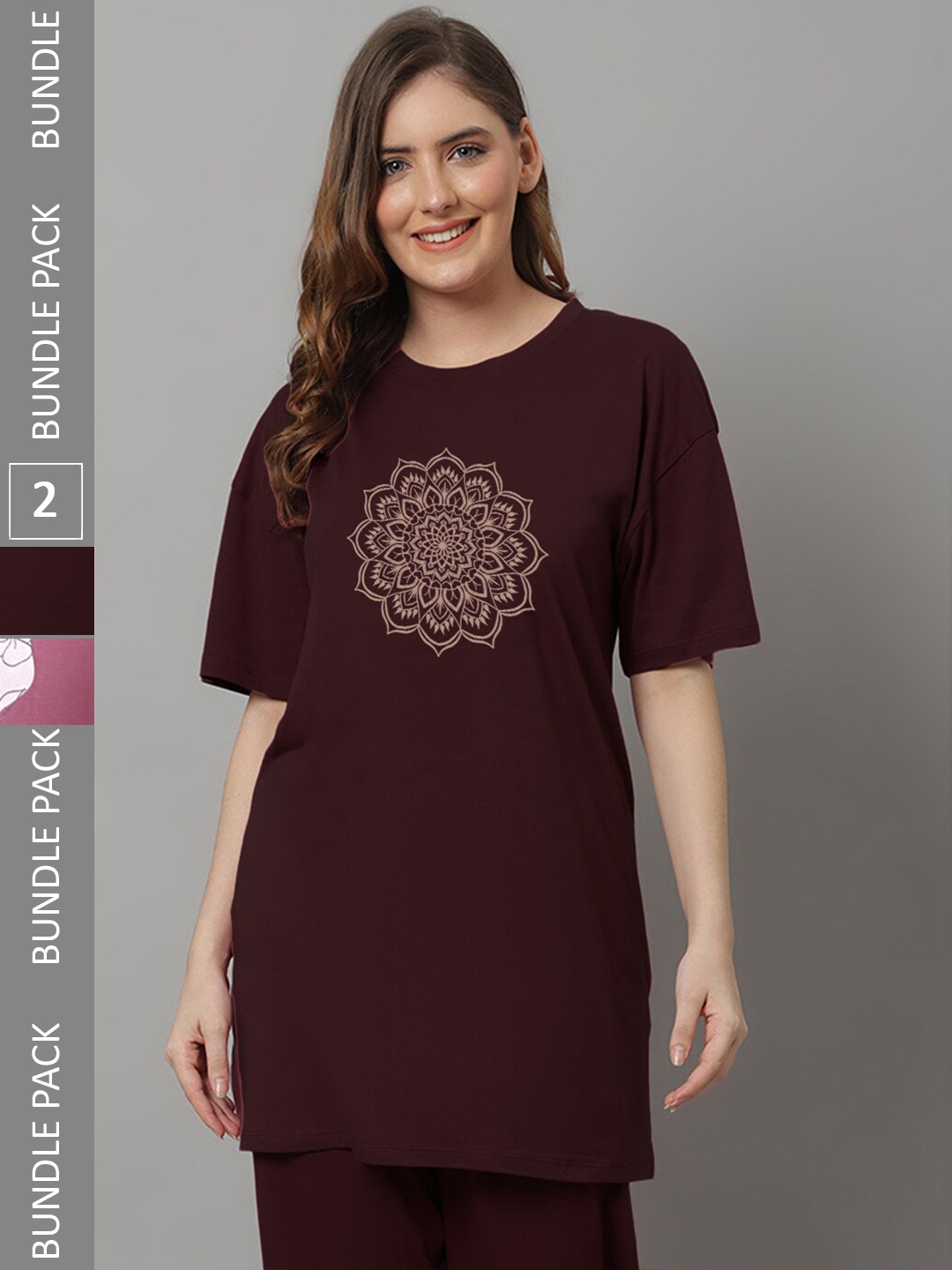 

Kanvin Pack Of 2 Maroon & Pink Graphic Printed Modal T-Shirt