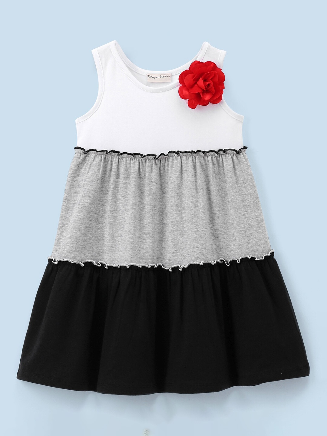 

CrayonFlakes Girls Monochrome Layered Cotton A-Line Dress, Black