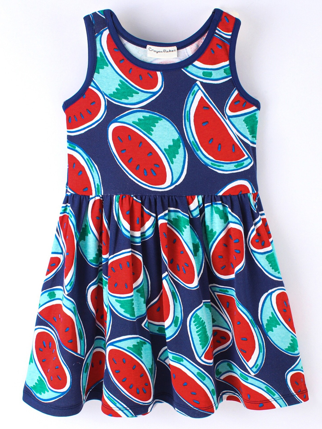 

CrayonFlakes Girls Watermelon Printed Sleeveless Cotton Fit & Flare Dress, Navy blue