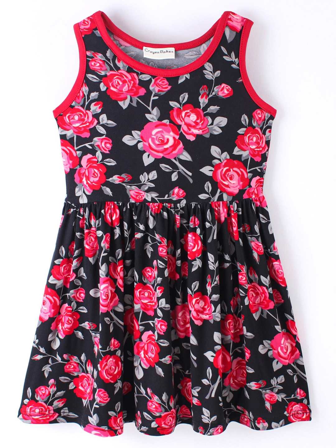 

CrayonFlakes Girls Floral Printed Cotton Fit & Flare Dress, Black