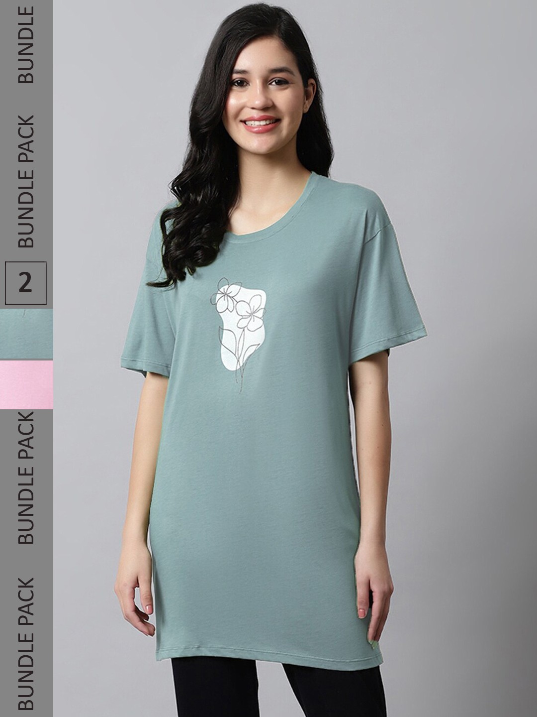Kanvin Green & Pink Pack of 2 Printed Regular Longline T-shirt