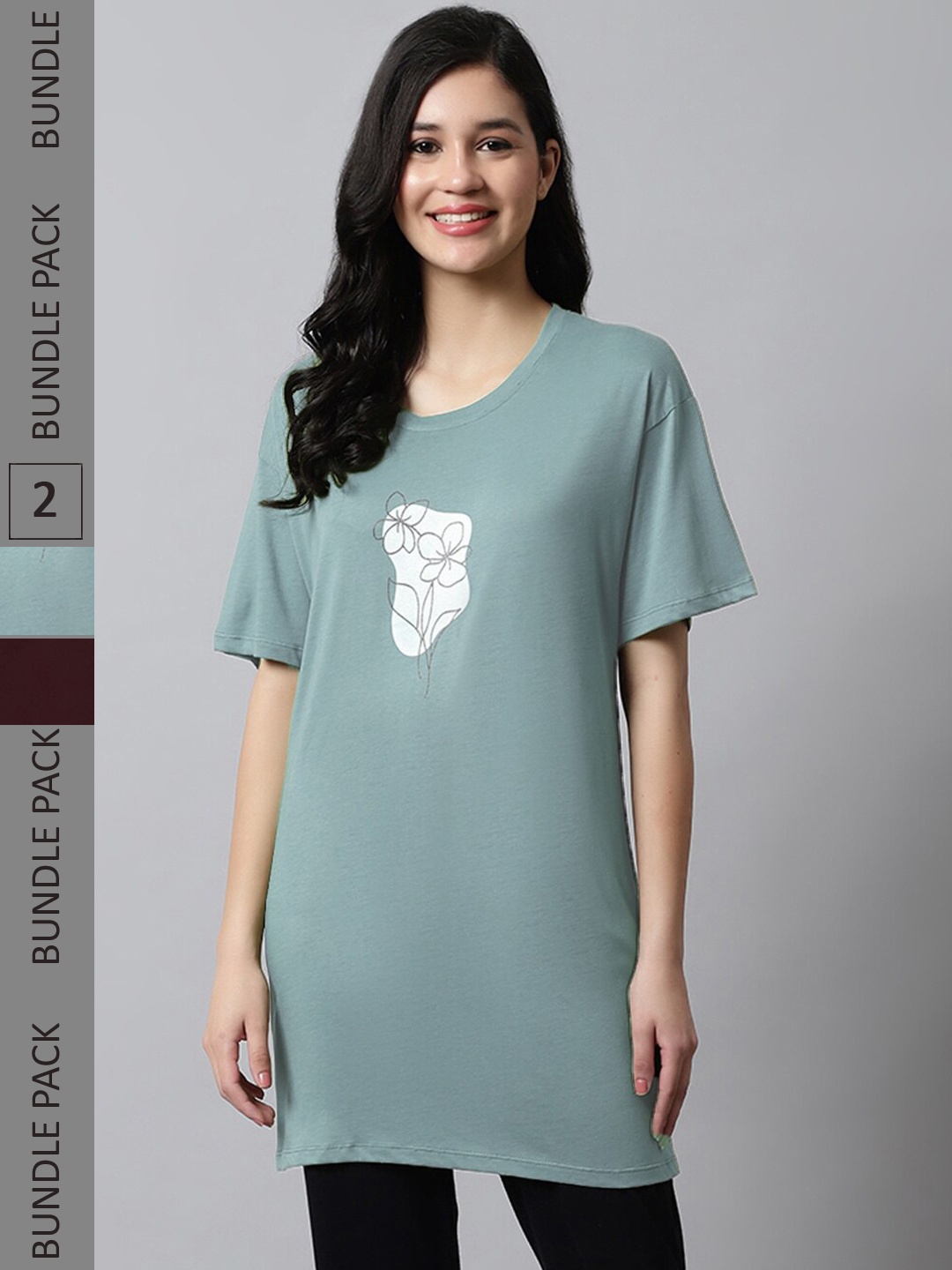 

Kanvin Green & Brown Pack Of 2 Floral Printed Oversized Longline T-shirt