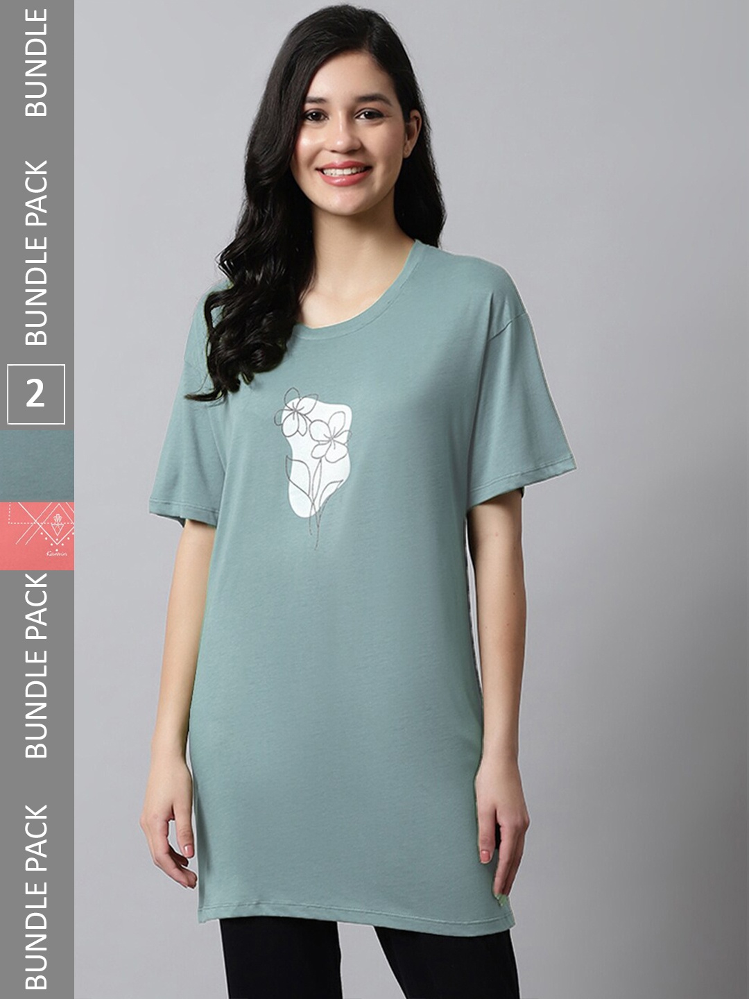 

Kanvin Prach-Coloured & Green Pack of 2 Printed Regular Longline T-shirt
