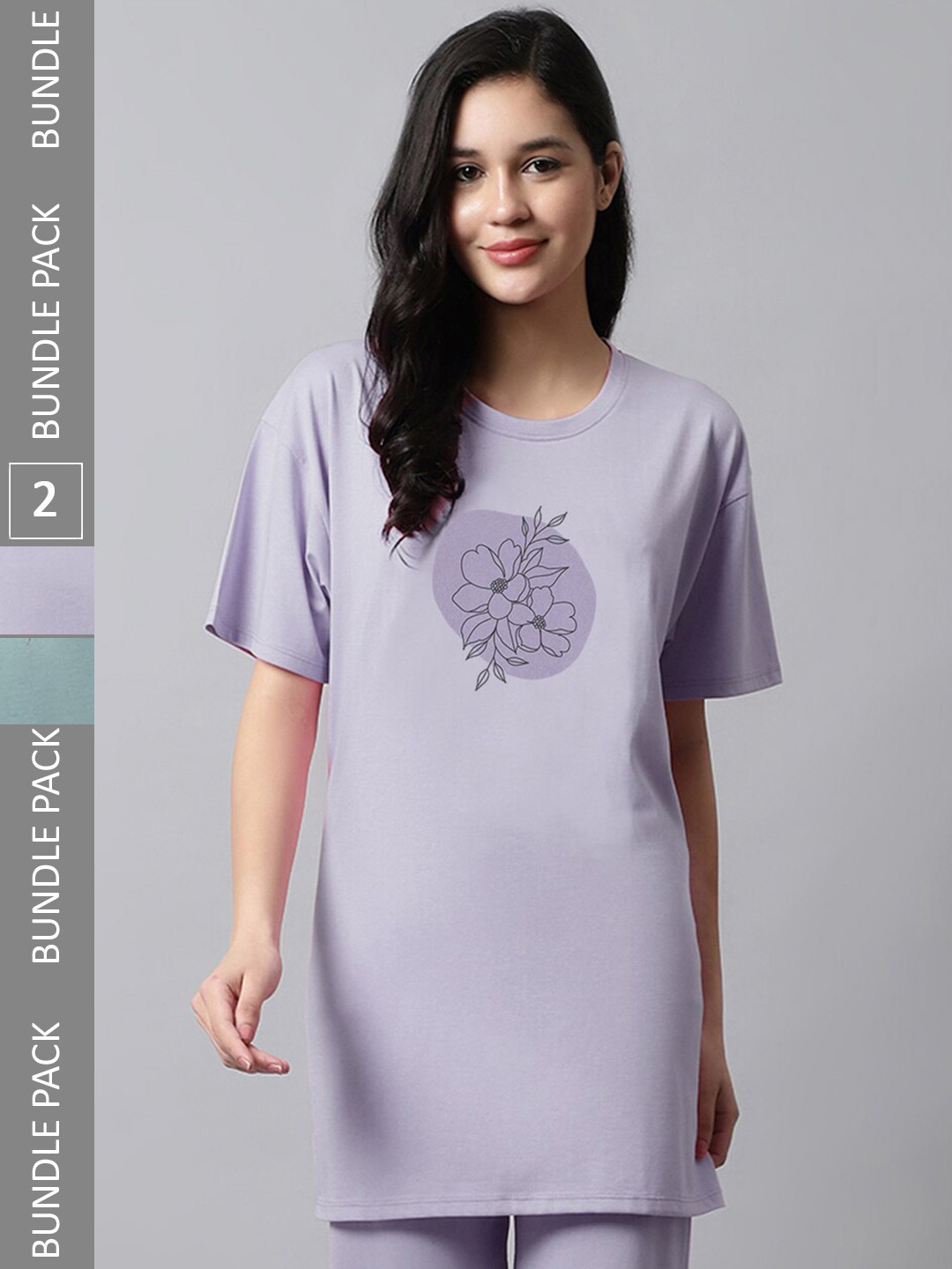 

Kanvin Lavender & Green Pack Of 2 Floral Printed Oversized Longline T-shirt