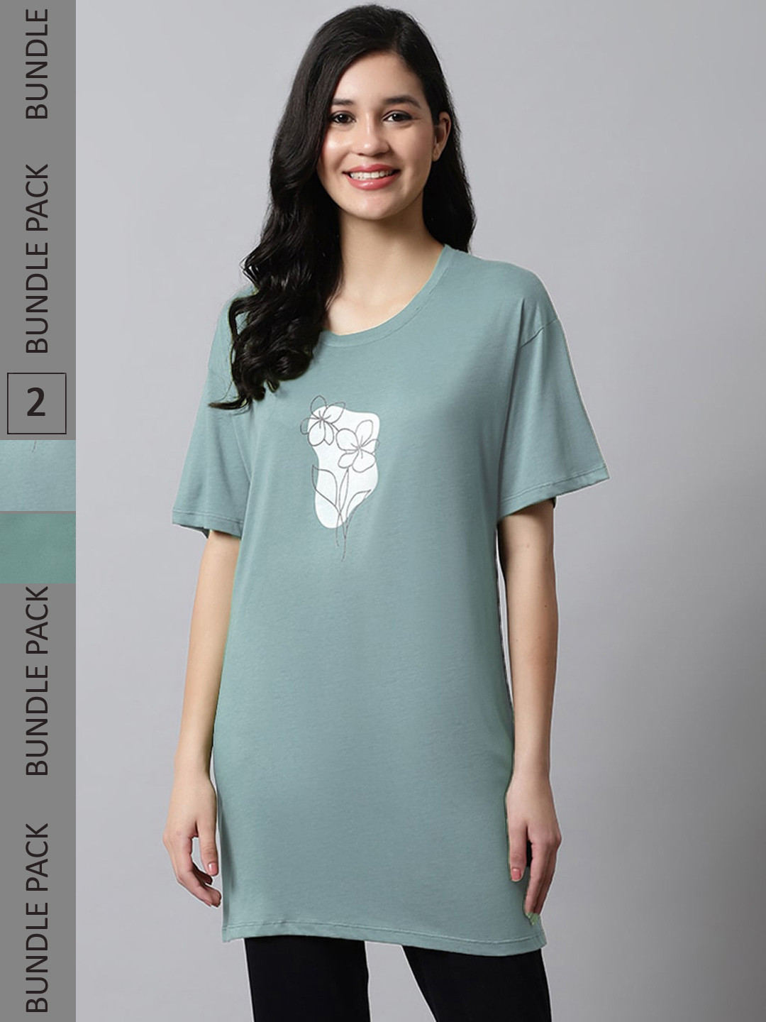 

Kanvin Green Pack Of 2 Floral Printed Oversized Longline T-shirt