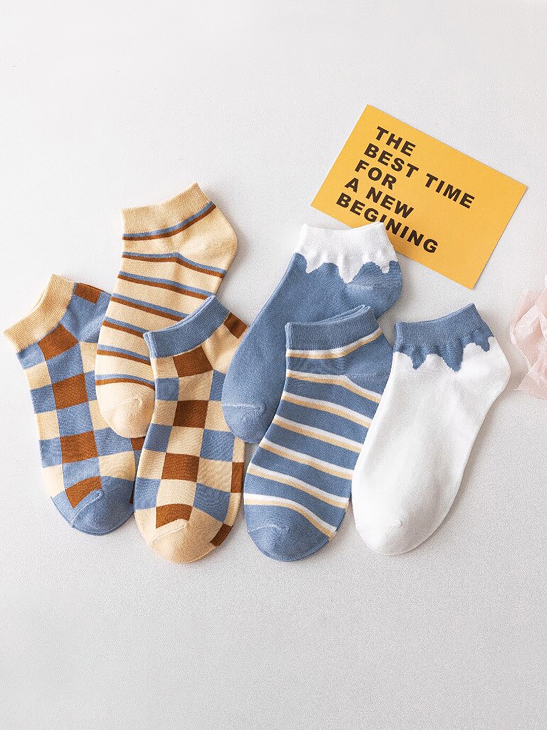 

iSWEVEN Women Pack Of 5 Patterned Ankle-Length Cotton Socks, Beige