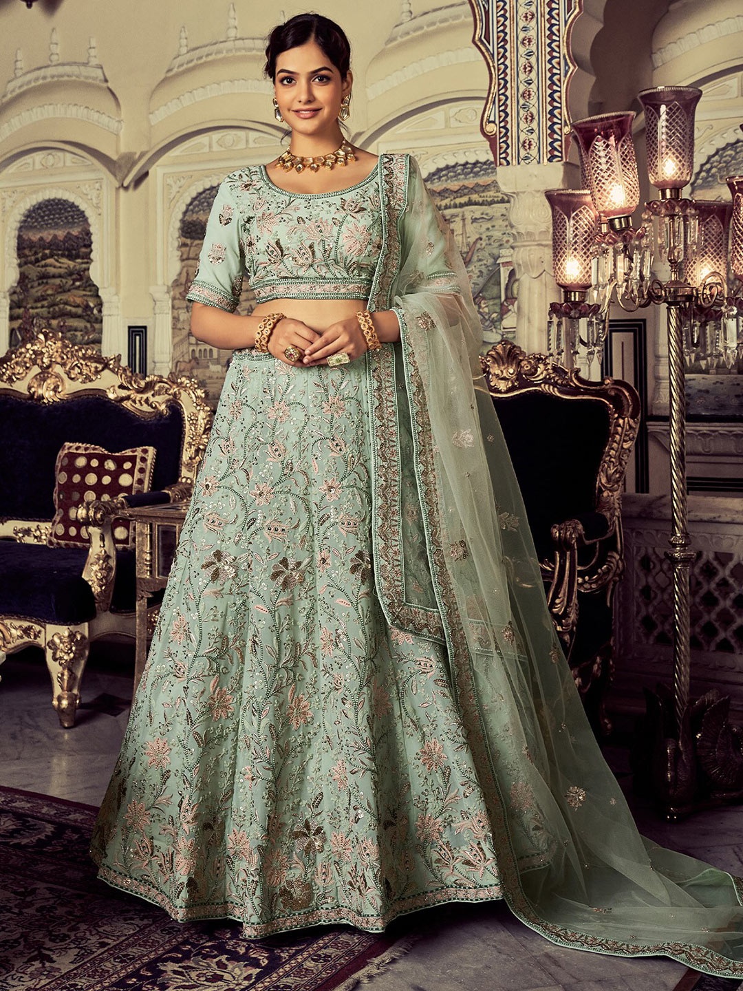 

ODETTE Embroidered Beads and Stones Semi-Stitched Lehenga & Unstitched Blouse With Dupatta, Sea green