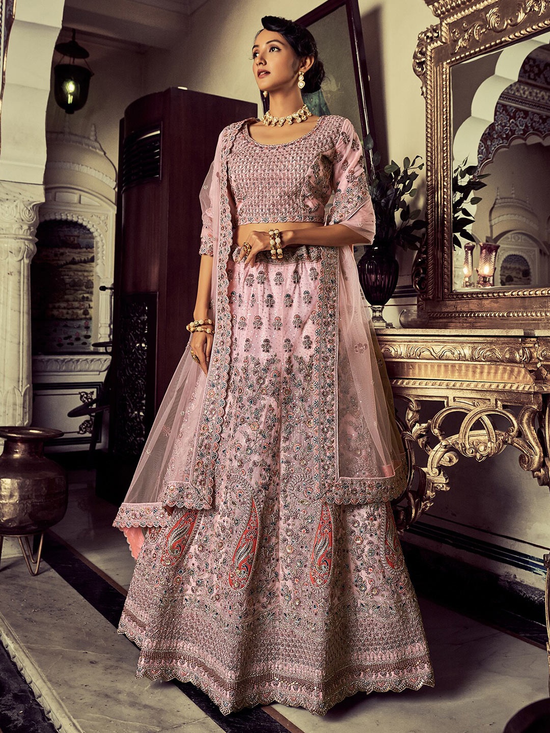 

ODETTE Embroidered Semi-Stitched Lehenga & Unstitched Blouse With Dupatta, Pink