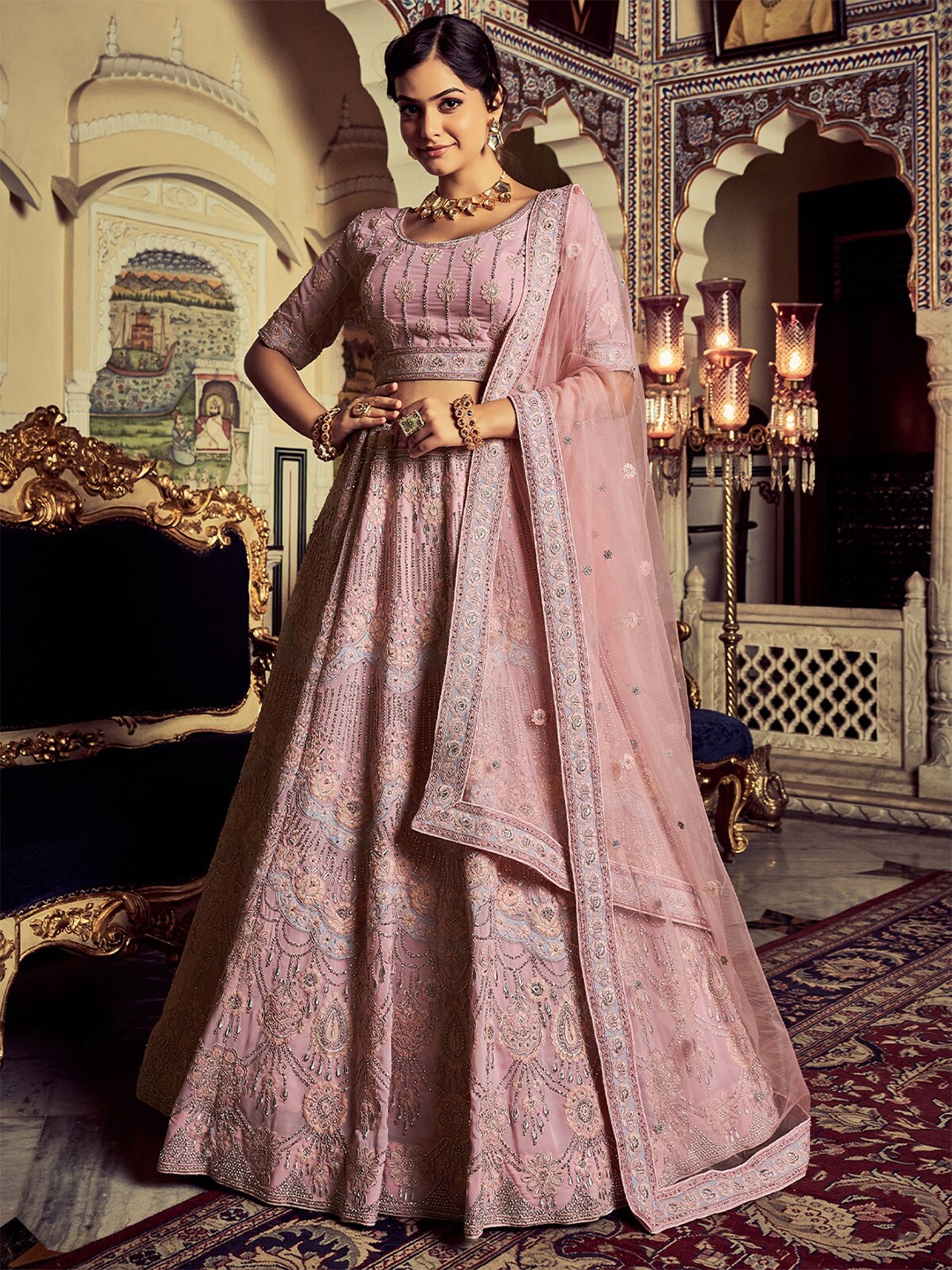 

ODETTE Embellished Beads and Stones Semi-Stitched Lehenga & Unstitched Blouse With Dupatta, Pink