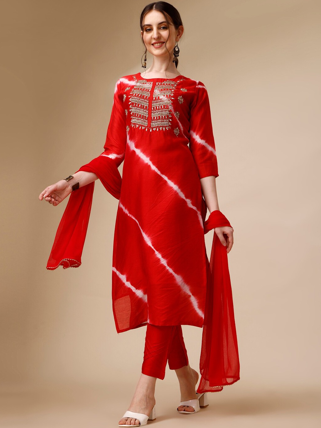 

Berrylicious Leheriya Printed Embroidered Kurta With Trousers & Dupatta, Red