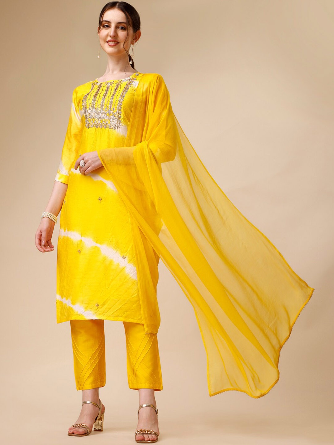 

Berrylicious Leheriya Printed Embroidered Kurta With Trousers & Dupatta, Yellow