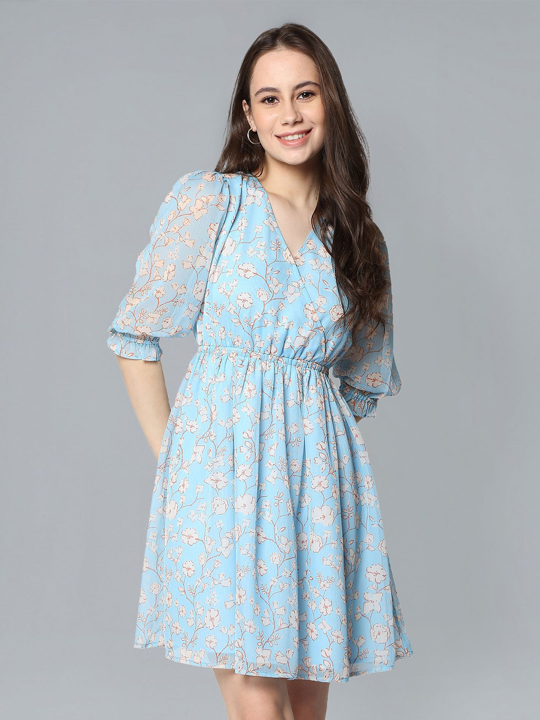 

Flying Machine Floral Printed Puff Sleeve Fit & Flare Dress, Blue