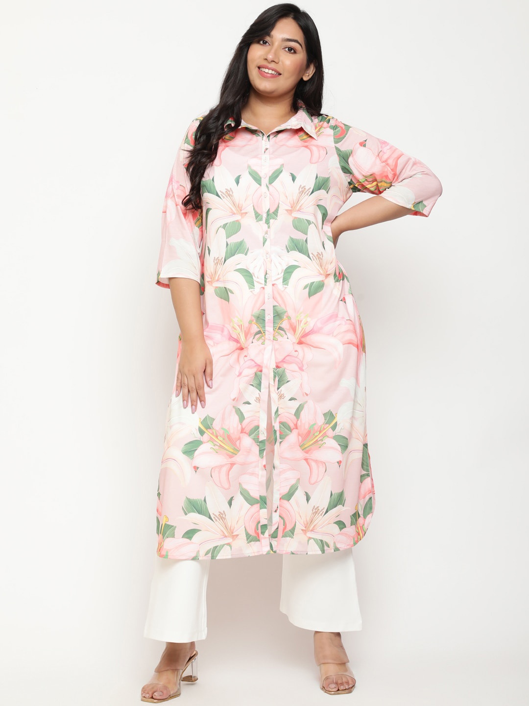 

Amydus Plus Size Floral Printed Shirt Collar Curved Kurta, Pink