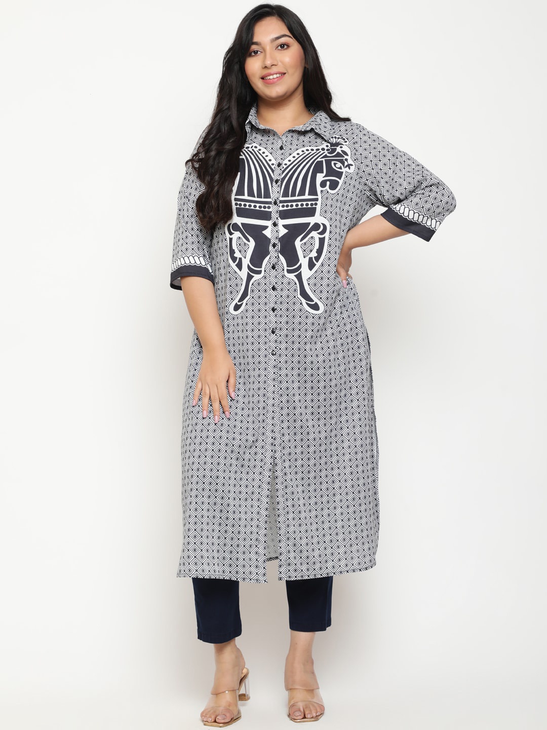 

Amydus Plus Size Ethnic Motifs Printed Shirt Collar Kurta, Black