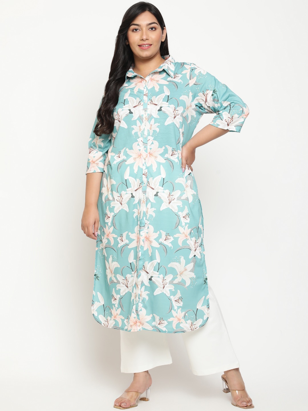 

Amydus Plus Size Floral Printed Shirt Collar Kurta, Turquoise blue