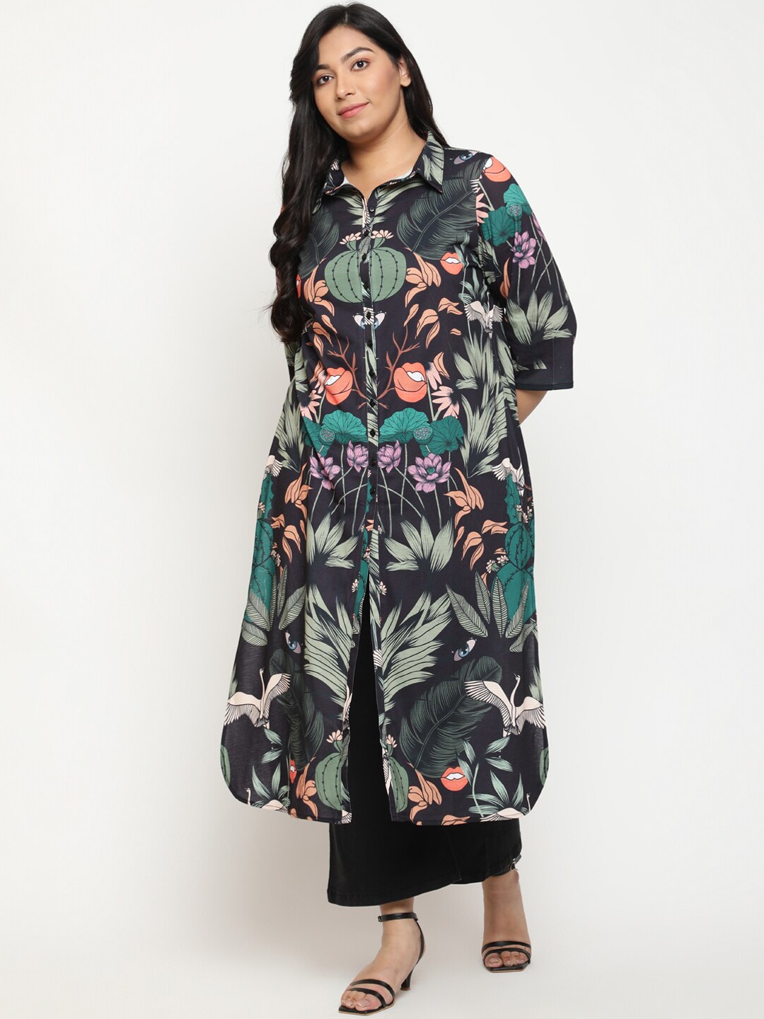 

Amydus Plus Size Quirky Printed Shirt Collar Curved Kurta, Black
