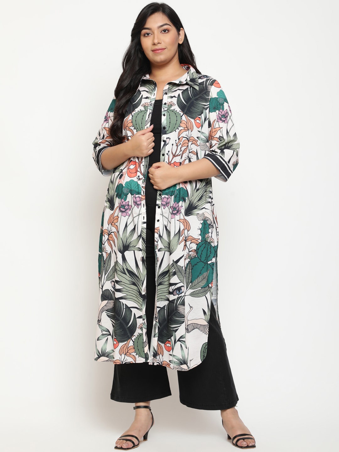 

Amydus Plus Size Quirky Printed Shirt Collar Curved Kurta, White