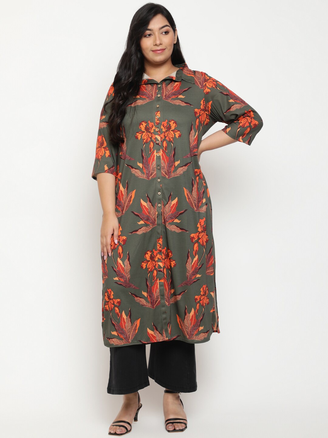 

Amydus Plus Size Floral Printed Shirt Collar Kurta, Olive
