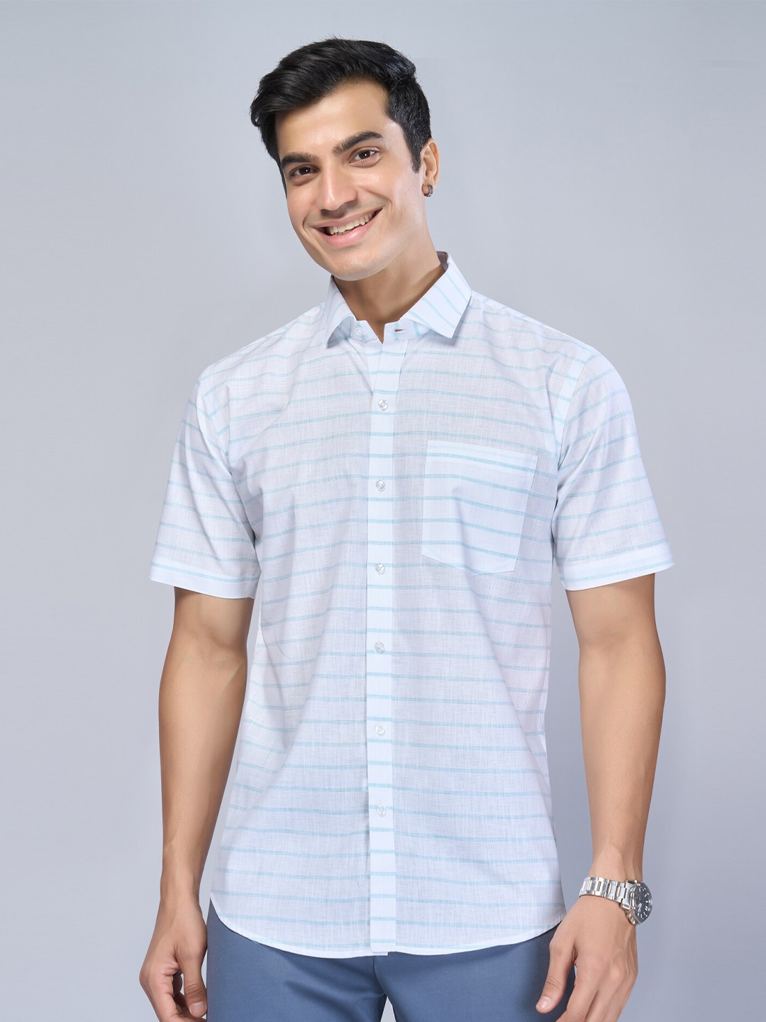 

MARK & ALBERT Slim Fit Horizontal Stripes Linen Casual Shirt, Blue