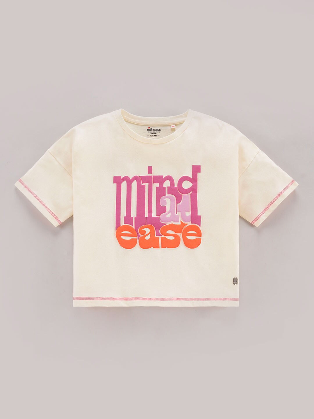 

edheads Girls Typography Printed Azo Free Cotton Boxy T-shirt, Off white