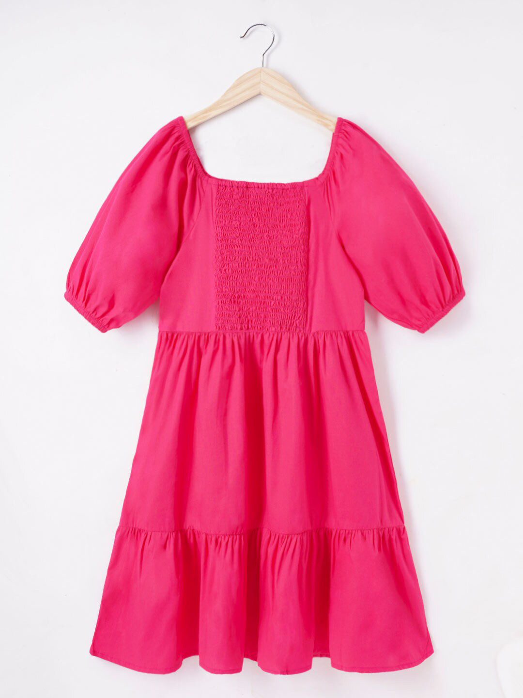 

edheads Girls Puff Sleeves Smocked Tiered Cotton Fit & Flare Dress, Pink