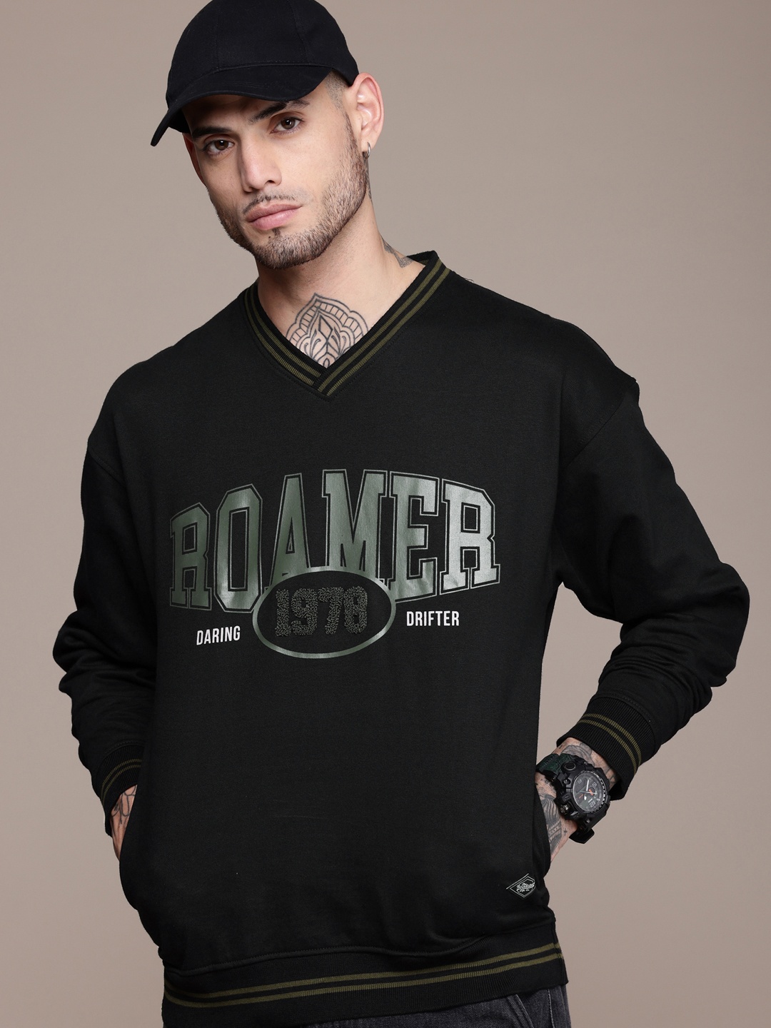 

The Roadster Life Co. Typography Printed V-Neck Pullover Sweatshirt, Black